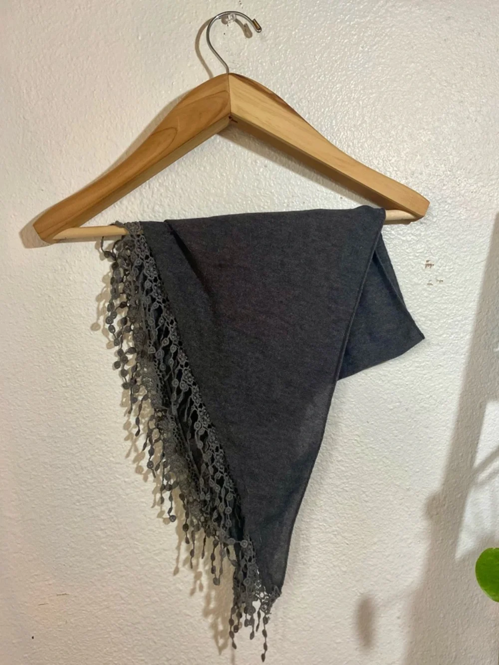 Stormcloud Grey Knit Triangle Scarf with Flower Lace Fringe - Picture 3 of 7